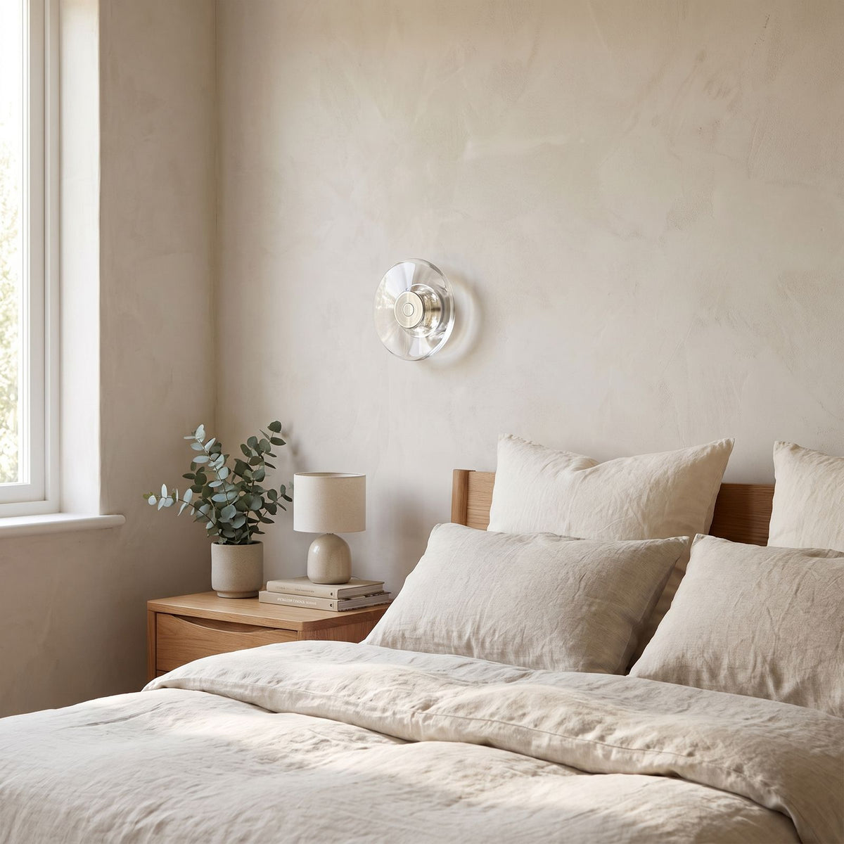 Slim Crystal Disc LED Wall Light on a bedroom wall beside the bed