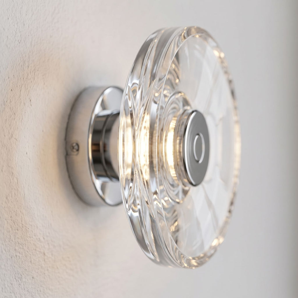 Slim Crystal Disc LED Wall Light, close view at 45 degrees on a plaster wall