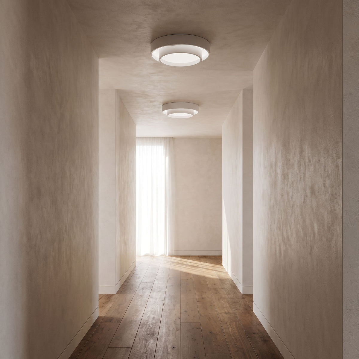 Slim Cylinder Acrylic LED Ceiling Light along a hallway ceiling