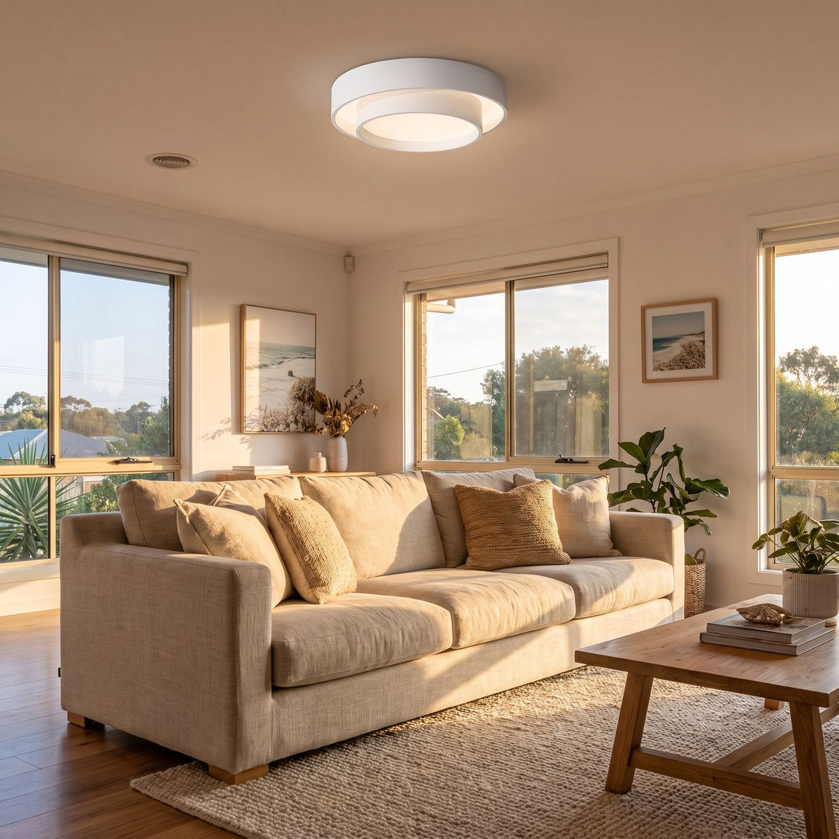 Slim Cylinder Acrylic LED Ceiling Light on a living room ceiling