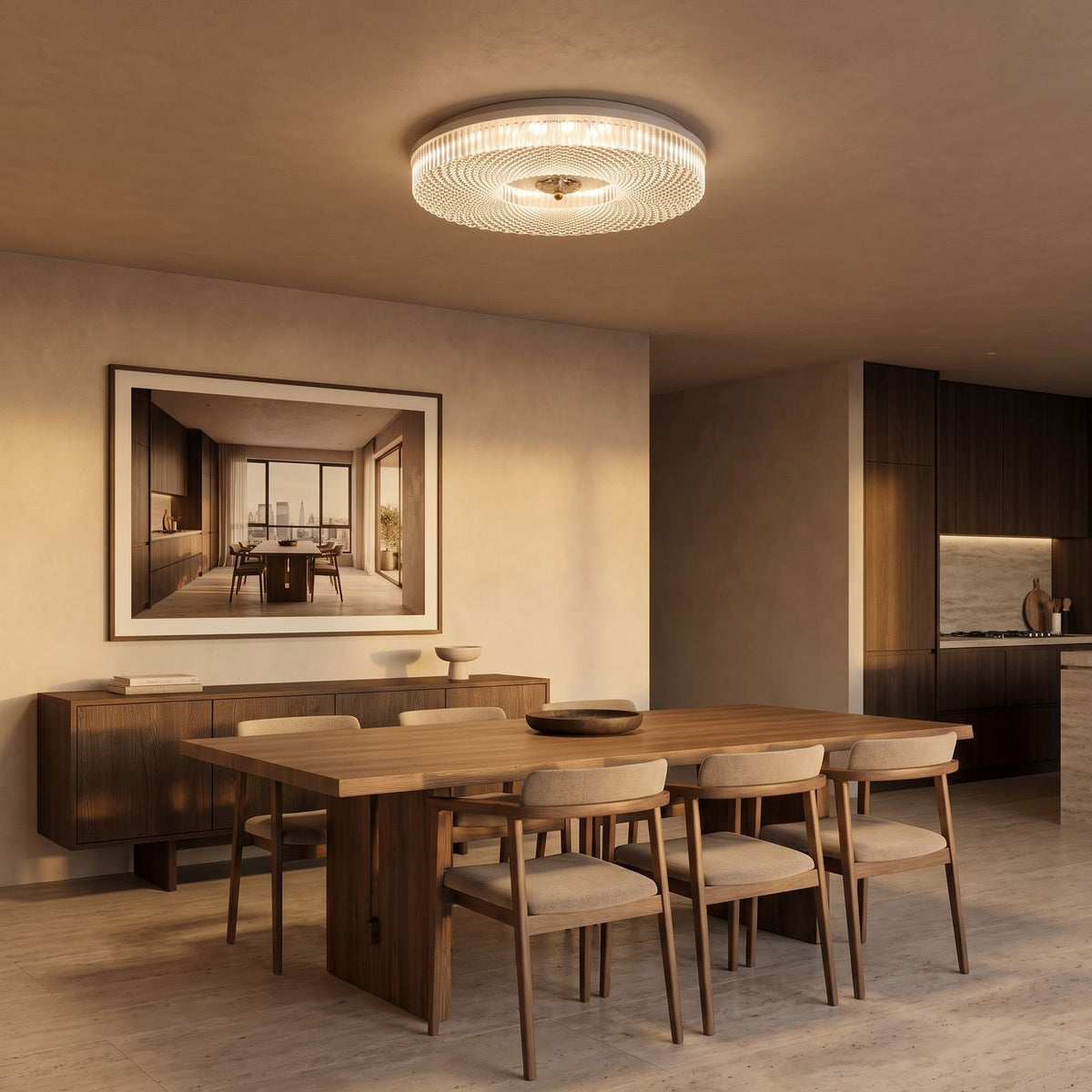 Slim Faceted Acrylic LED Flush Mount Ceiling Light above a dining table