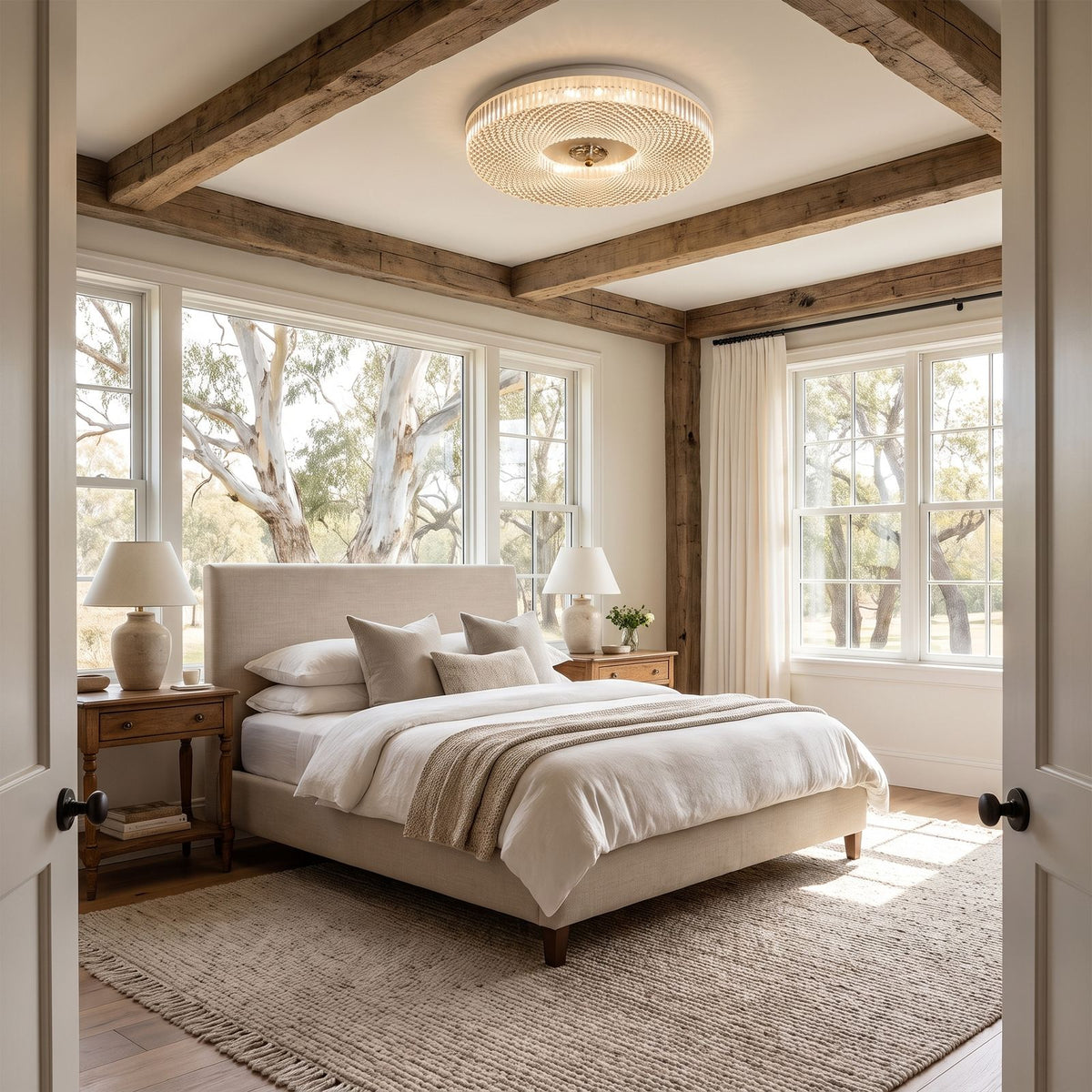Slim Faceted Acrylic LED Flush Mount Ceiling Light in a bedroom in daylight