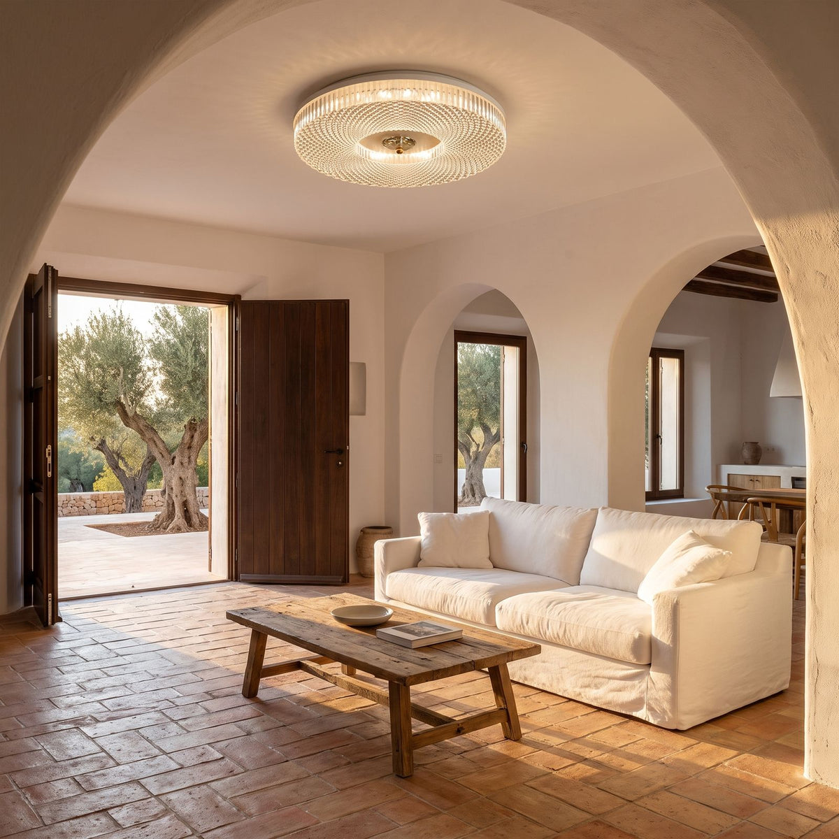 Slim Faceted Acrylic LED Flush Mount Ceiling Light in an open-plan living area, wide view