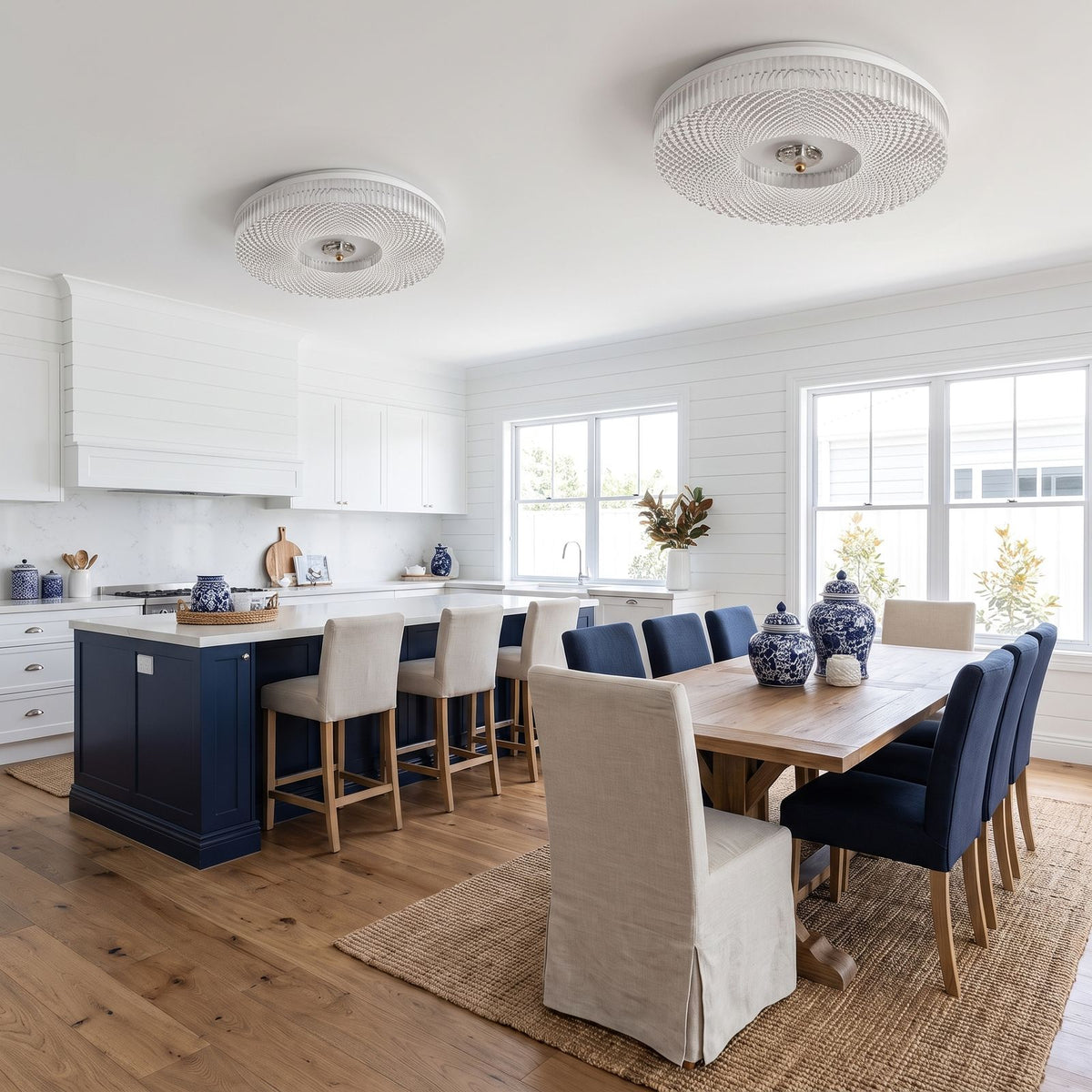 Slim Faceted Acrylic LED Flush Mount Ceiling Light: two along a kitchen and dining room