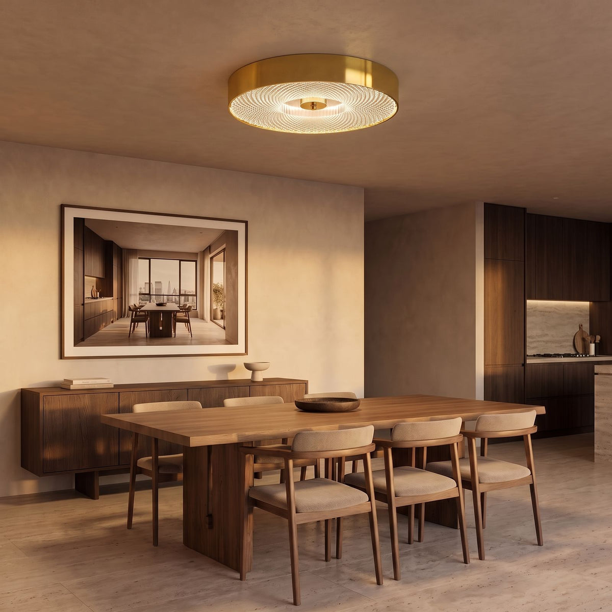 Slim Faceted Acrylic LED Flush Mount Ceiling Light in gold, above a dining table