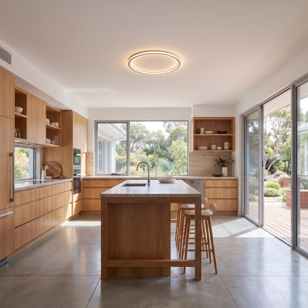 Slim halo ring LED ceiling light on a hallway ceiling
