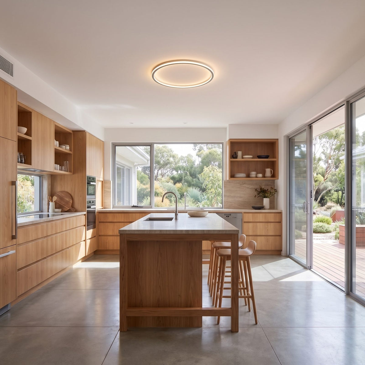 Slim halo ring LED ceiling light on a hallway ceiling