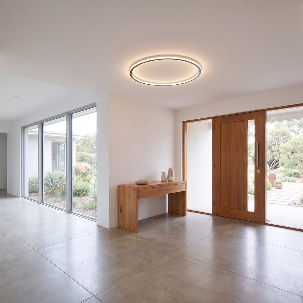 Slim halo ring LED ceiling light on a living room ceiling