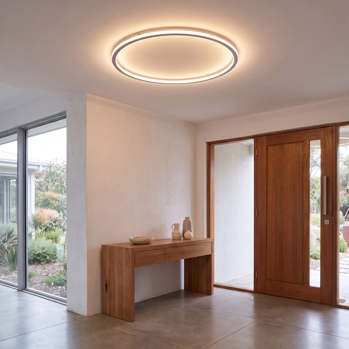 Slim Halo Ring LED Oyster Ceiling Light in white on a bedroom ceiling