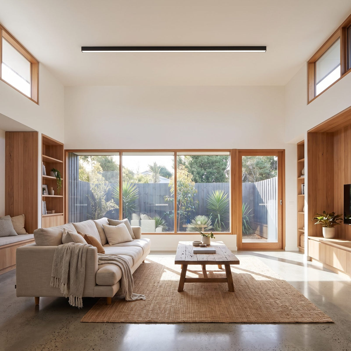 Slim linear LED ceiling light on a kitchen ceiling