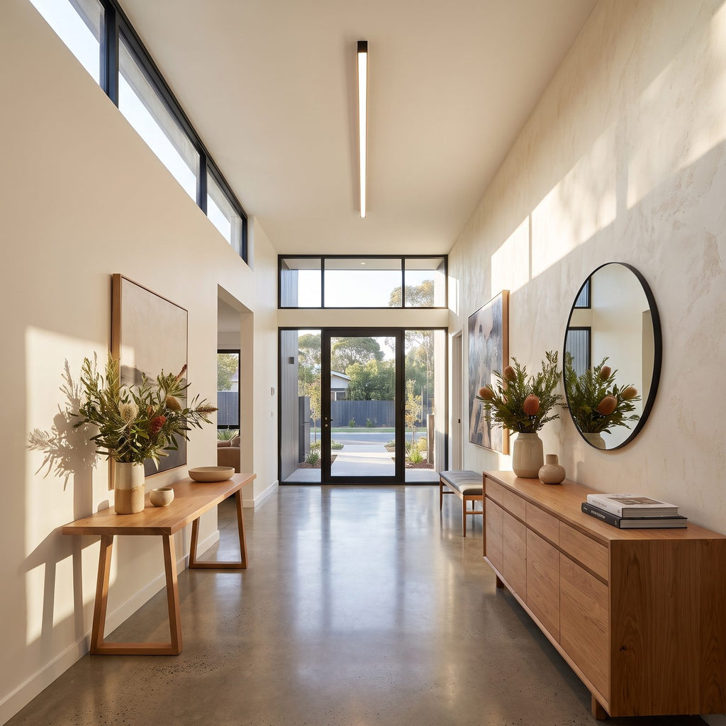 Slim linear LED ceiling light on a living room ceiling