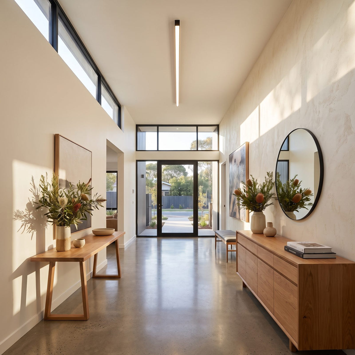 Slim linear LED ceiling light on a living room ceiling