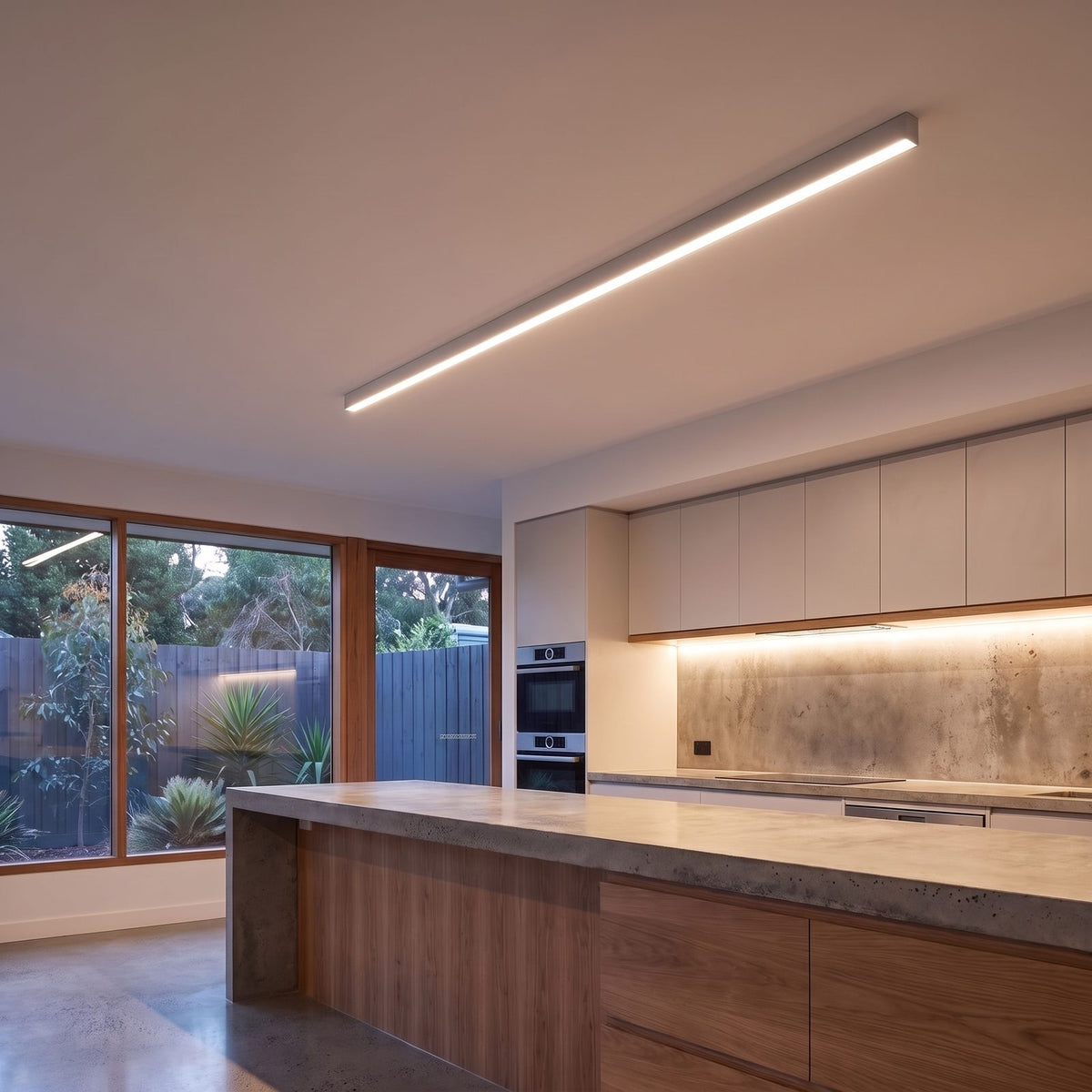 Slim Linear Aluminium LED Ceiling Light in white on a bedroom ceiling