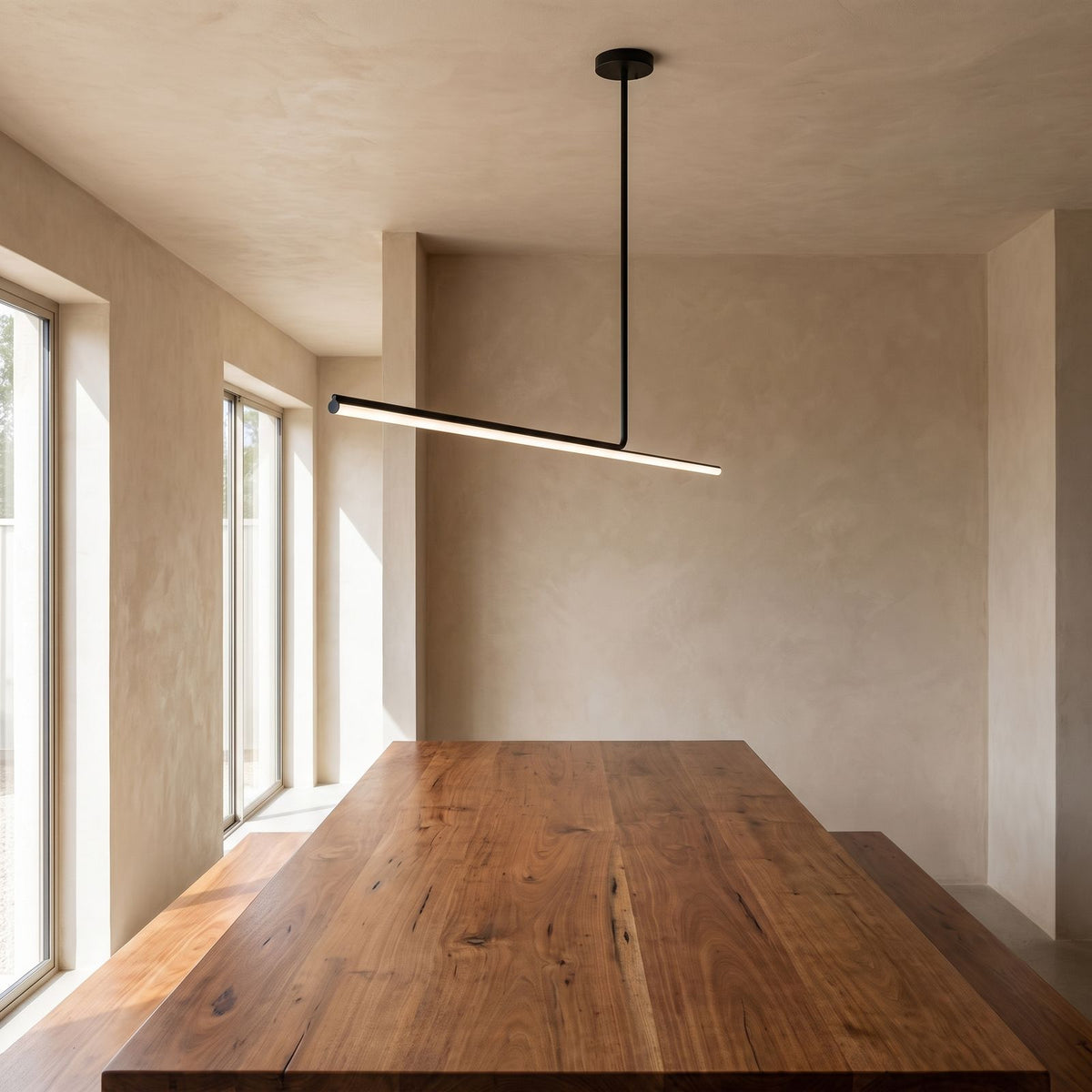 Slim Linear LED Aluminium Pendant Light above a timber dining table