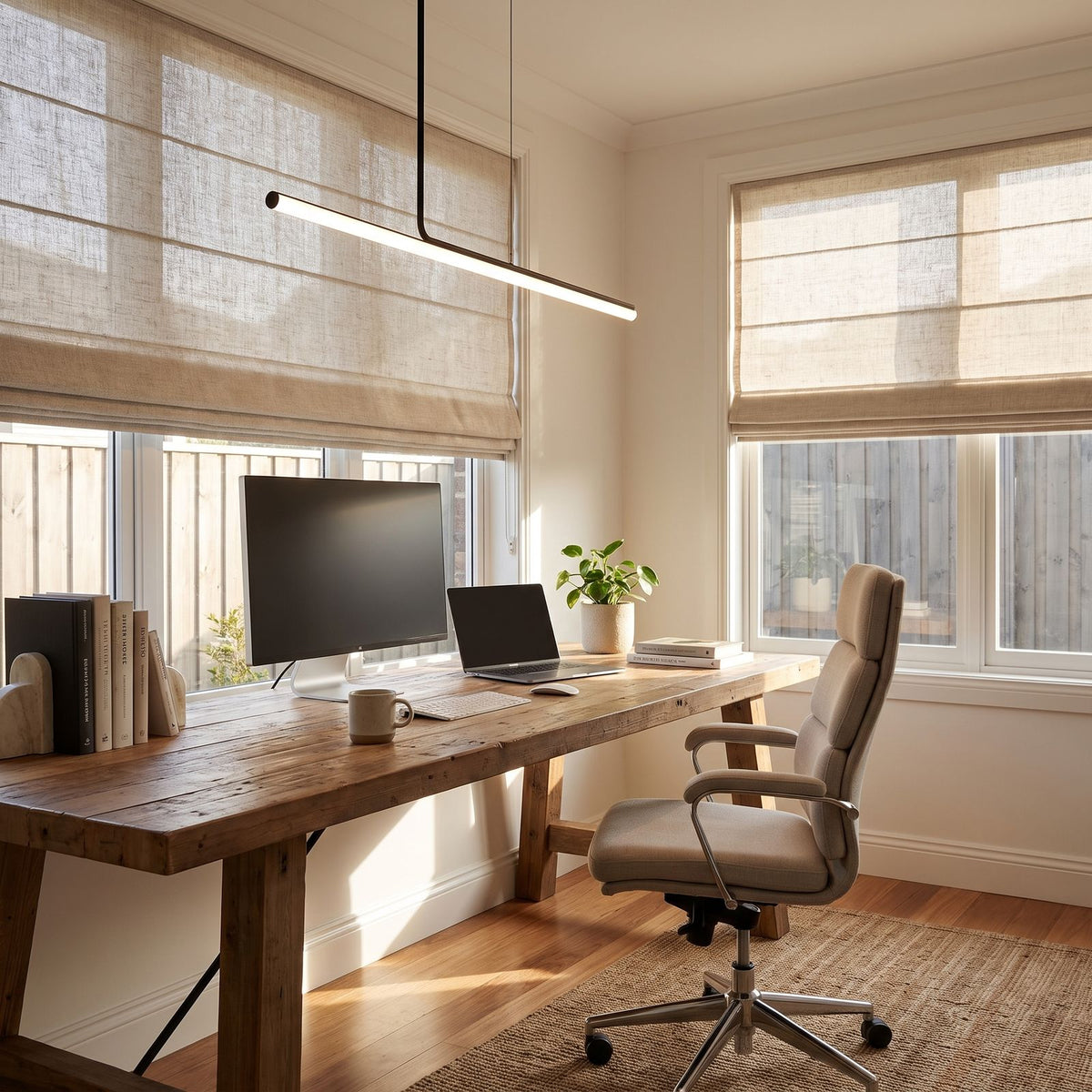 Slim Linear LED Aluminium Pendant Light above a desk in a home office