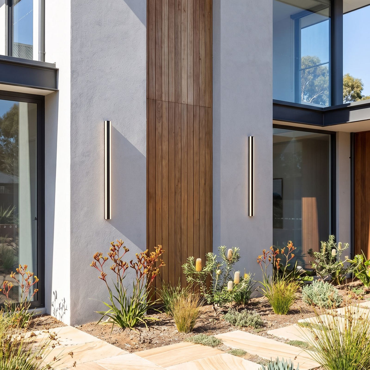 Slim Linear Metal Outdoor Wall Light in a pair on the facade of an Australian home