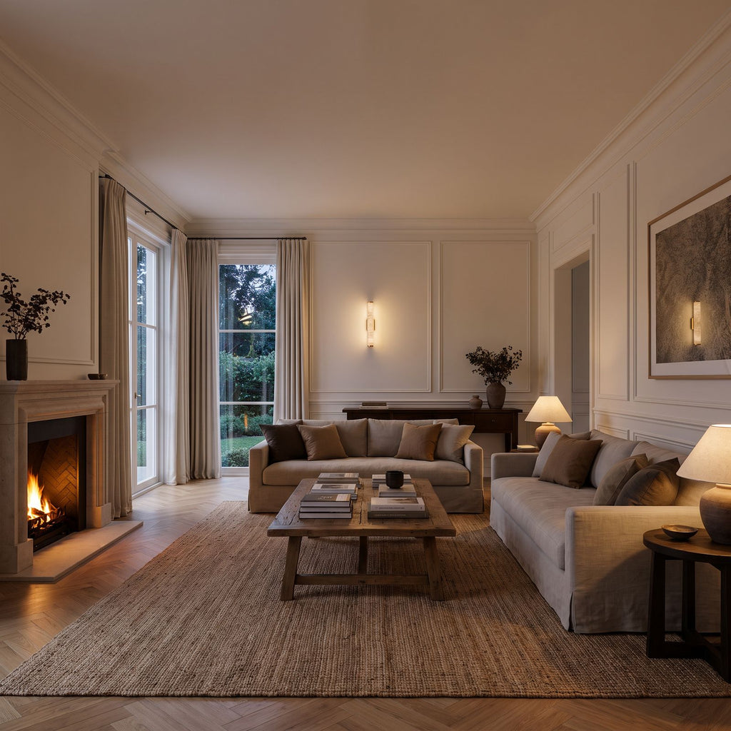 Slim Marble Tube Copper LED Wall Light in gold on a panelled living room wall, lit above a timber cabinet