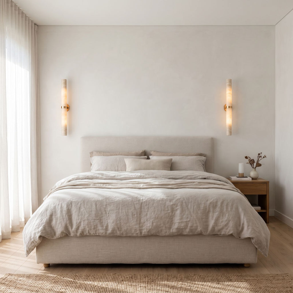 A pair of the marble tube wall lights either side of a bed in a bedroom, warm white light