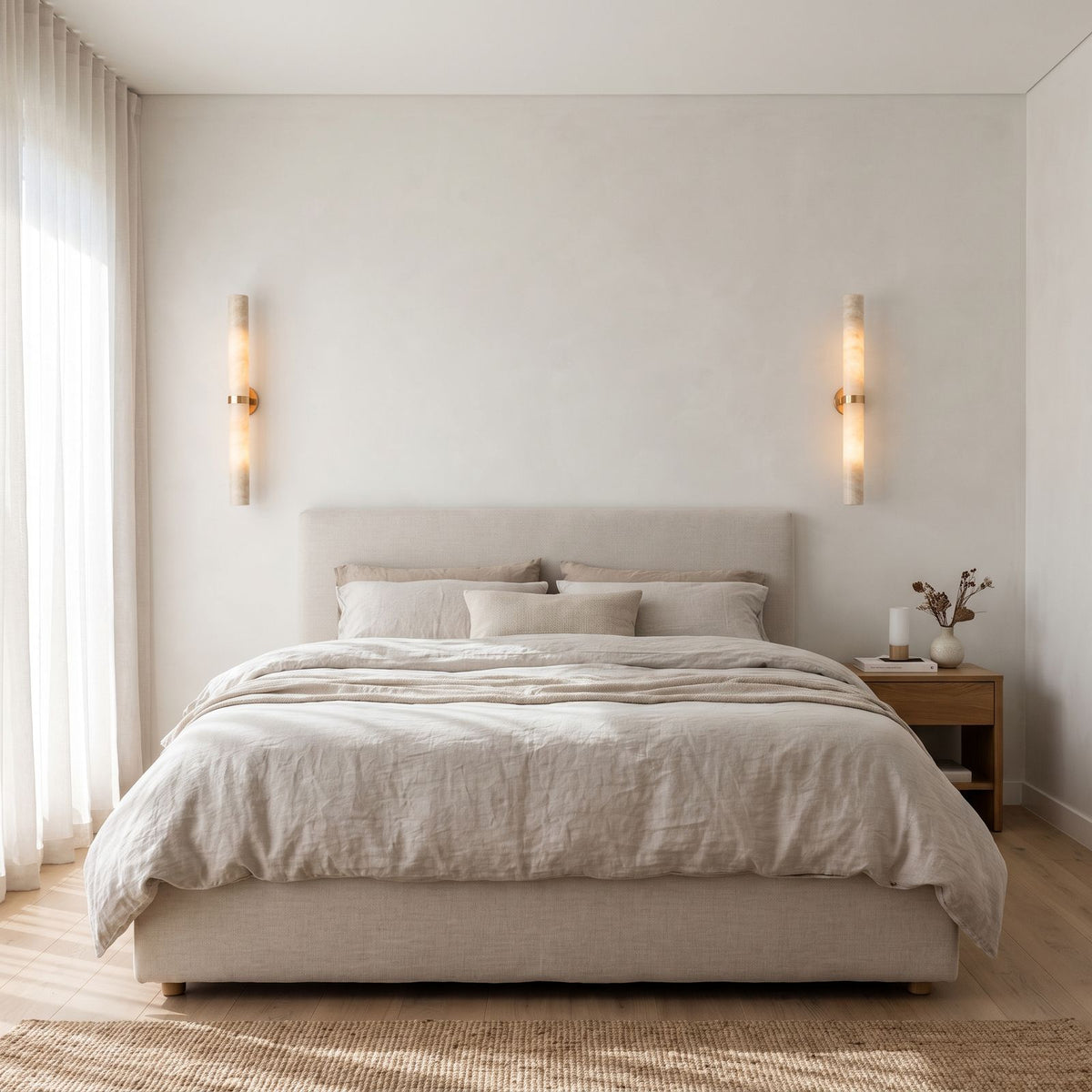 A pair of the marble tube wall lights either side of a bed in a bedroom, warm white light