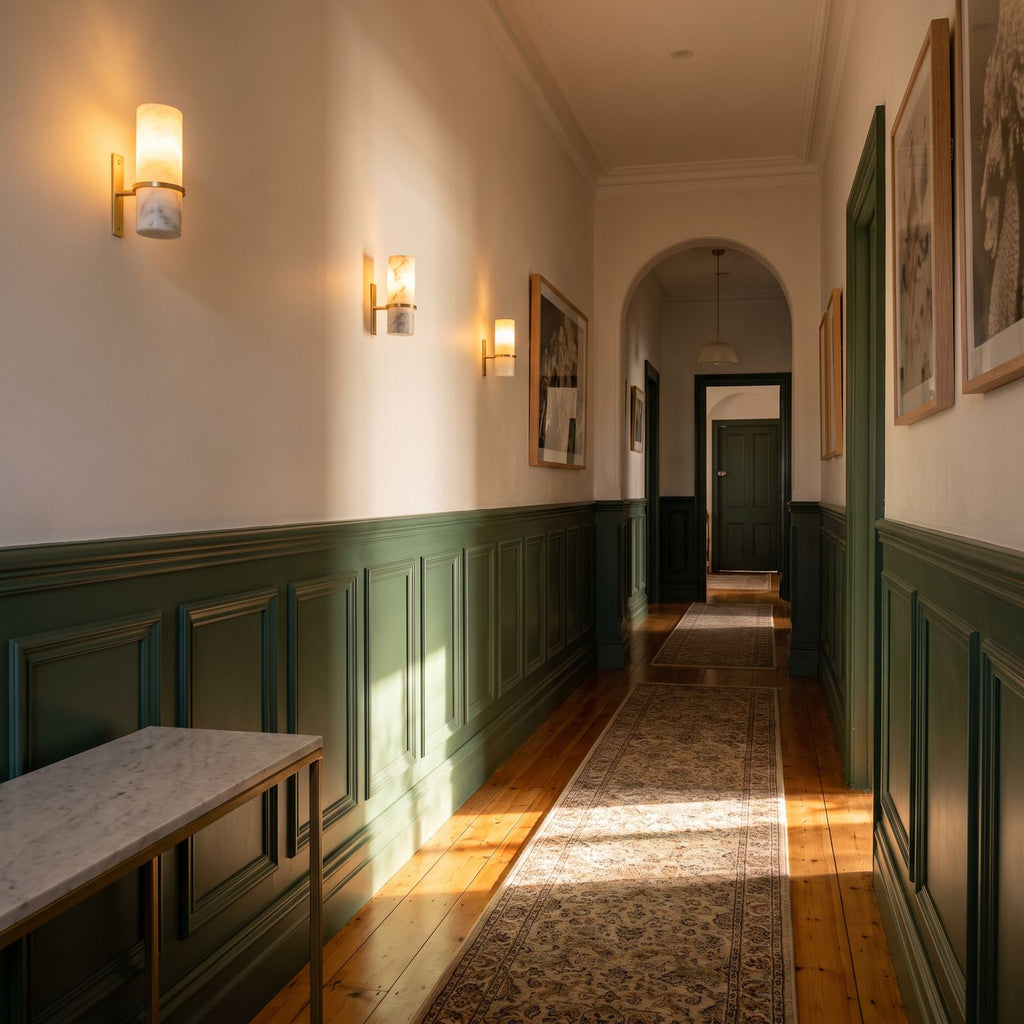 Three marble tube wall lights spaced along a hallway wall with green panelling