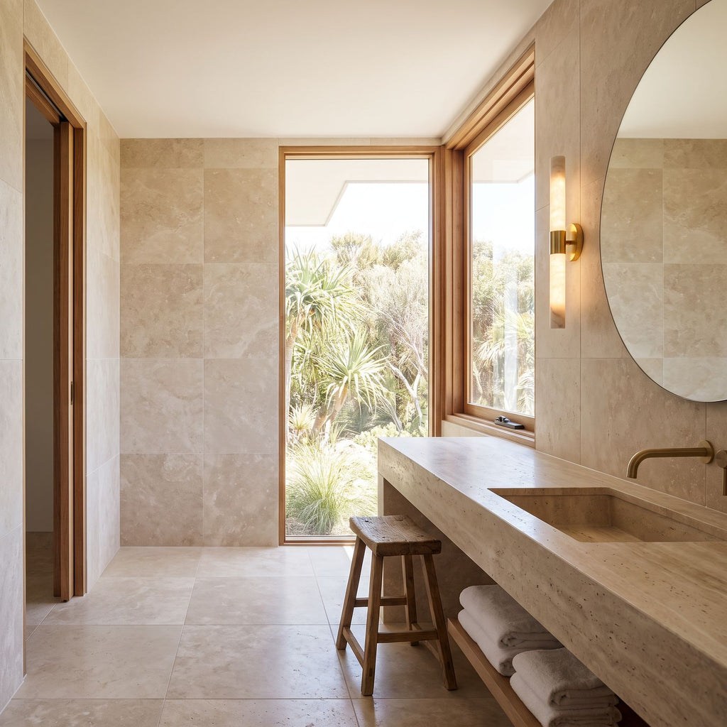 The marble tube wall light beside a round mirror in a bathroom, warm white light