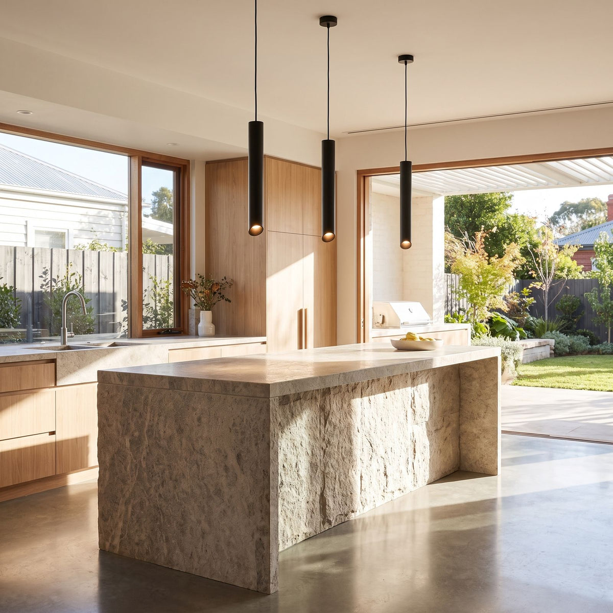 Slim metal cylinder pendant light over a kitchen island in daylight