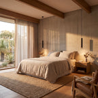 Slim metal cylinder pendant light either side of a bed, wide view