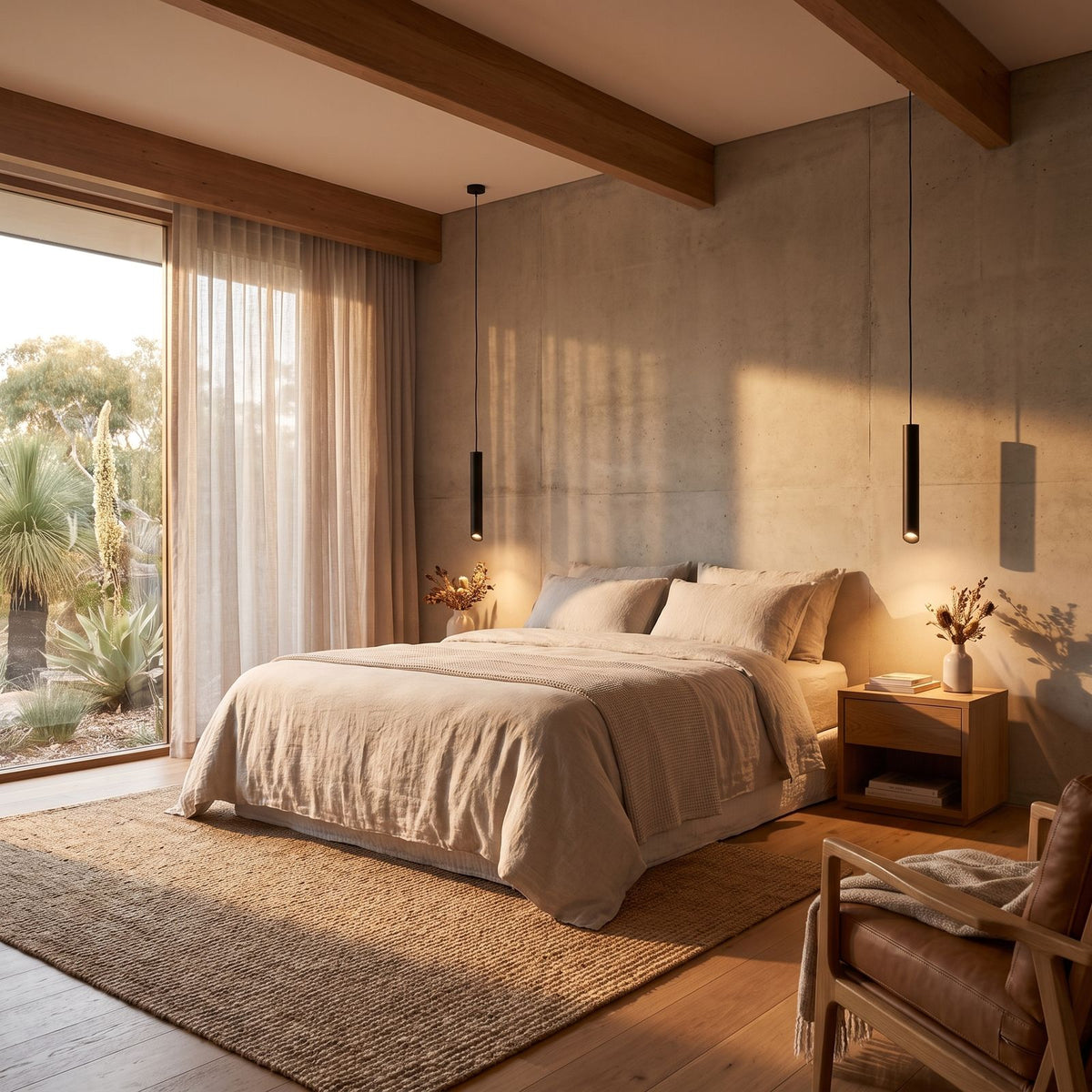Slim metal cylinder pendant light either side of a bed, wide view