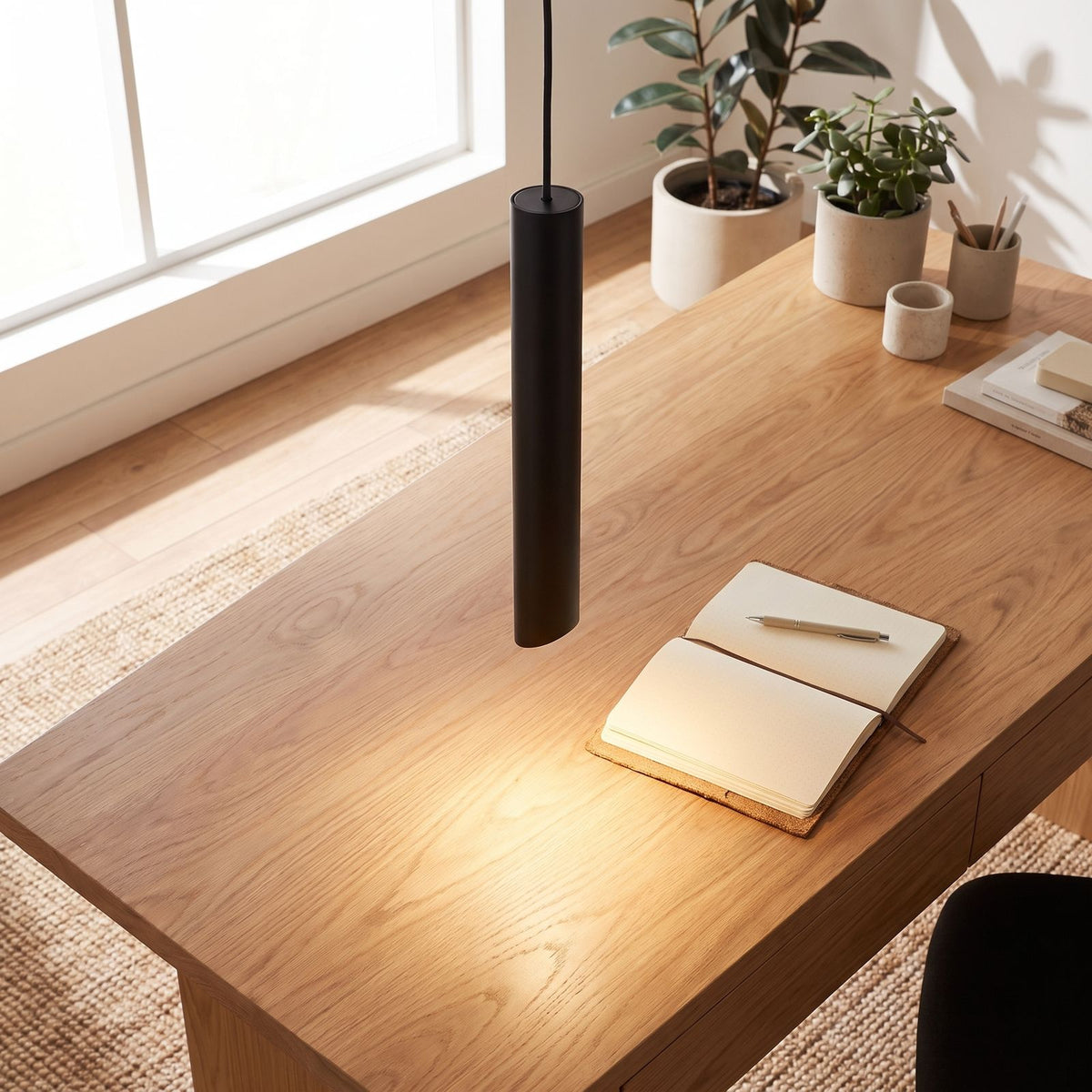 Slim metal cylinder pendant light above a home office desk in daylight
