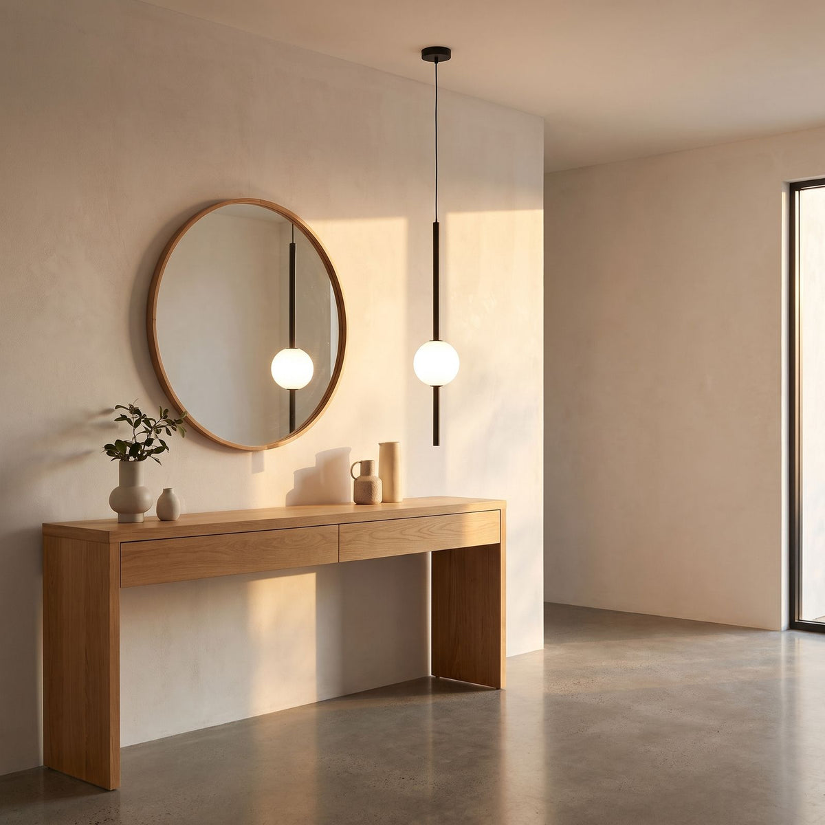 Slim rod frosted glass ball pendant light in a wide entry hall view