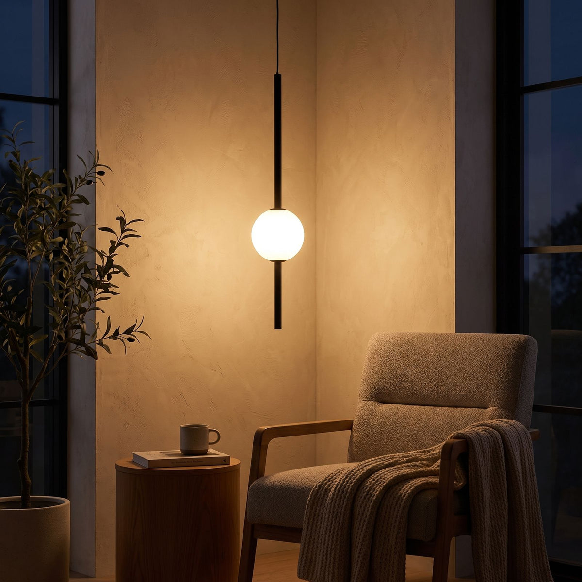 Slim rod frosted glass ball pendant light over a reading armchair at night