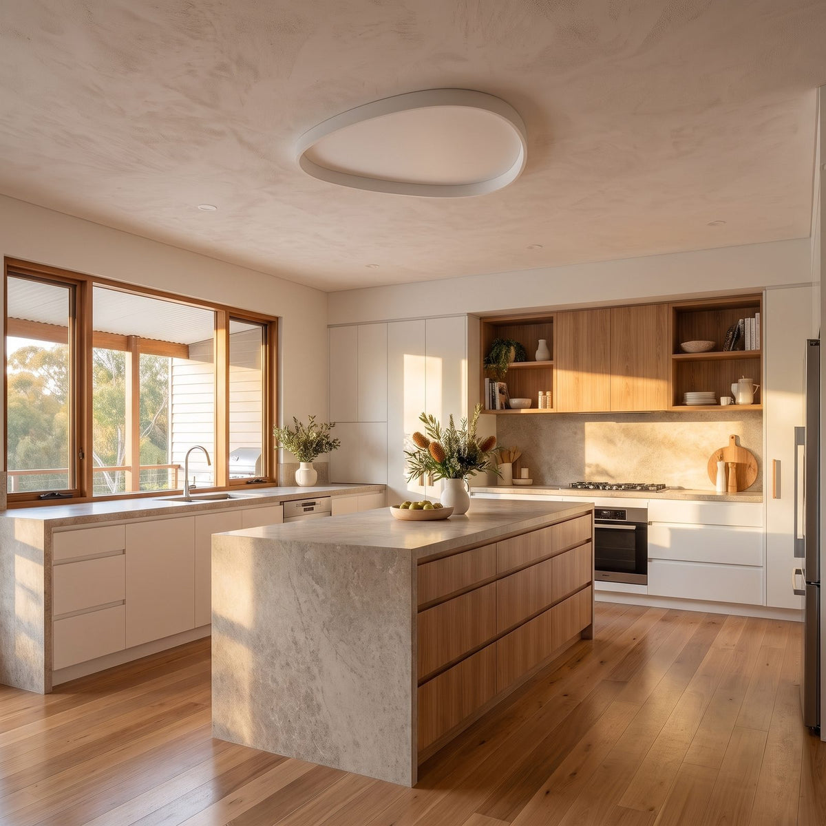 Slim teardrop LED ceiling light in a wide living room view