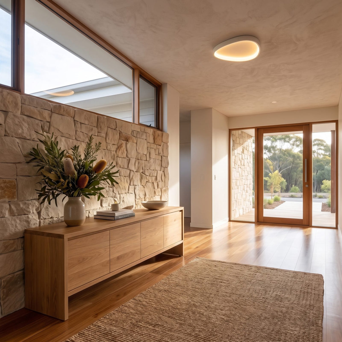 Slim teardrop LED ceiling light on an entry hall ceiling in daylight