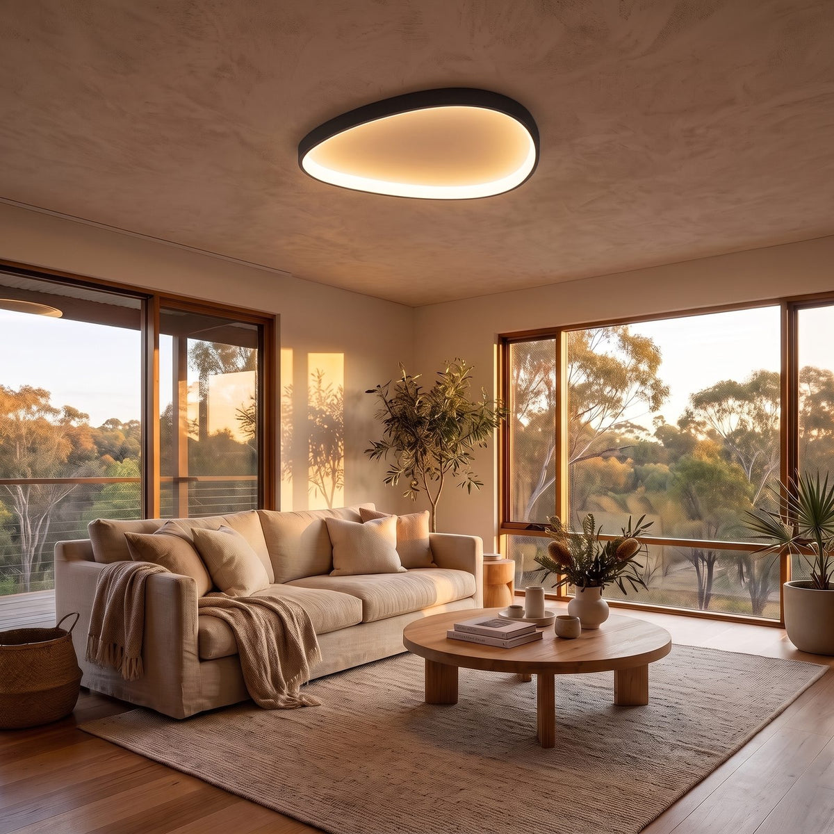 Slim Teardrop Shape LED Ceiling Light with a black rim on a bedroom ceiling