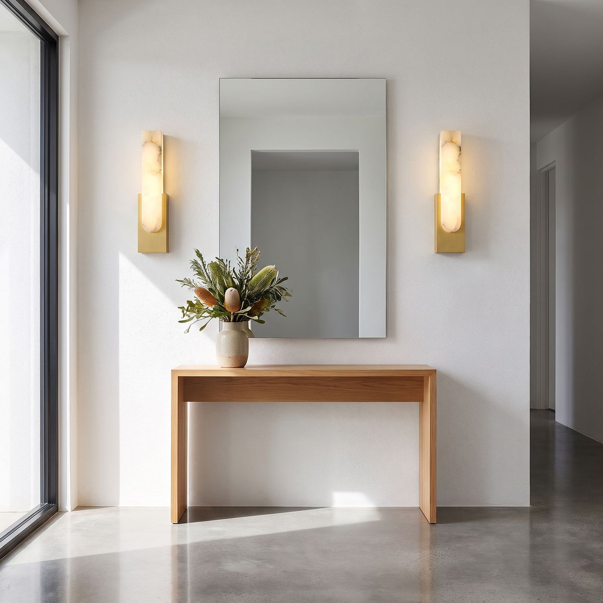 Slim Vertical Alabaster LED Wall Light in a pair on a wall of an Australian home
