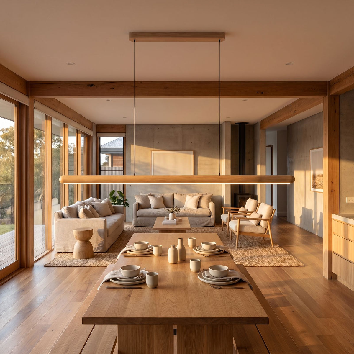 Slim wood bar linear LED pendant light in a wide living and dining view