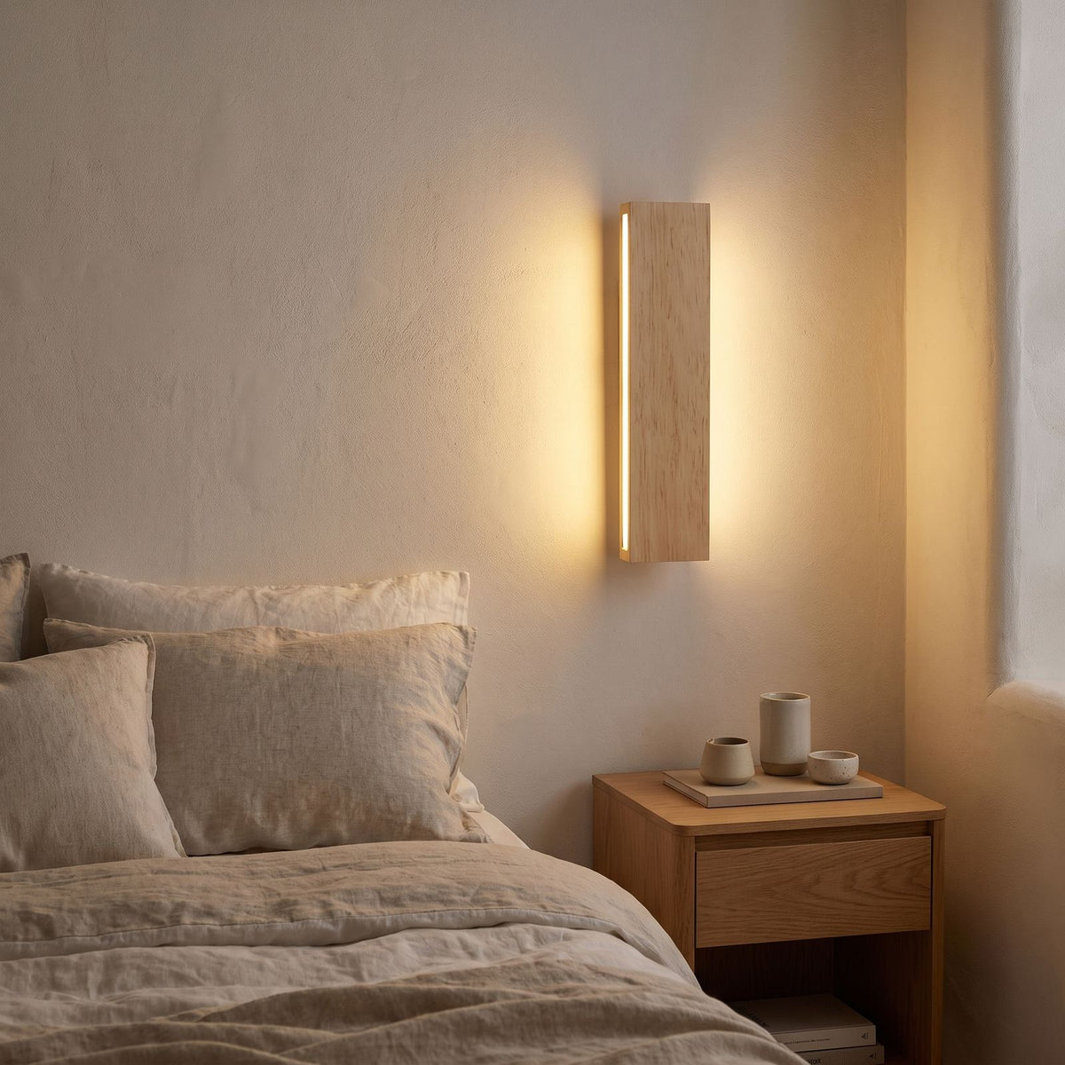 Slim Wood Plank LED Wall Sconce beside a bed