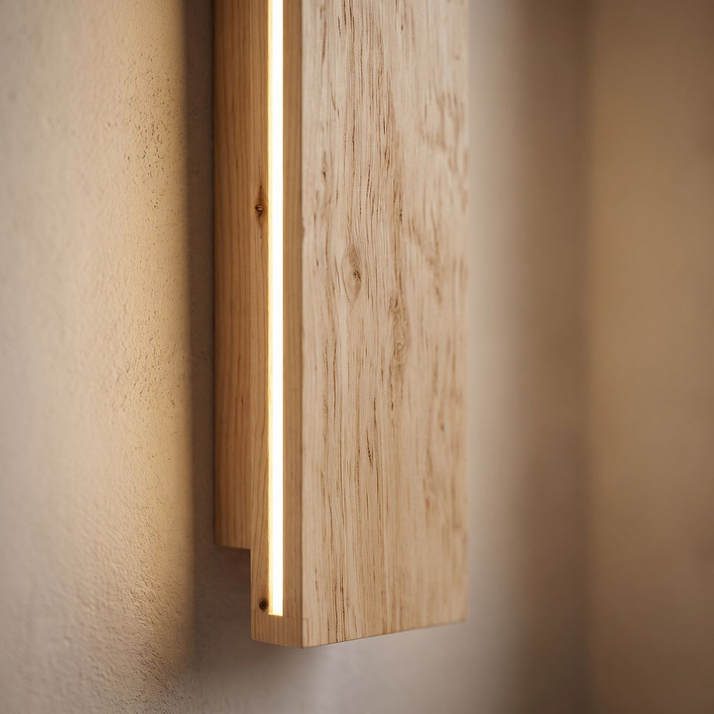 Close-up of the timber plank and the LED line along its edge