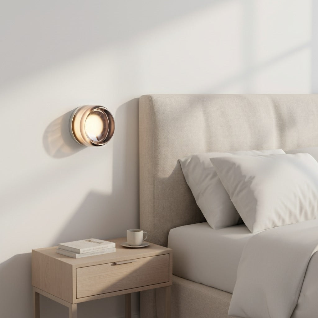 Round glass wall light above a bedside table in a light bedroom