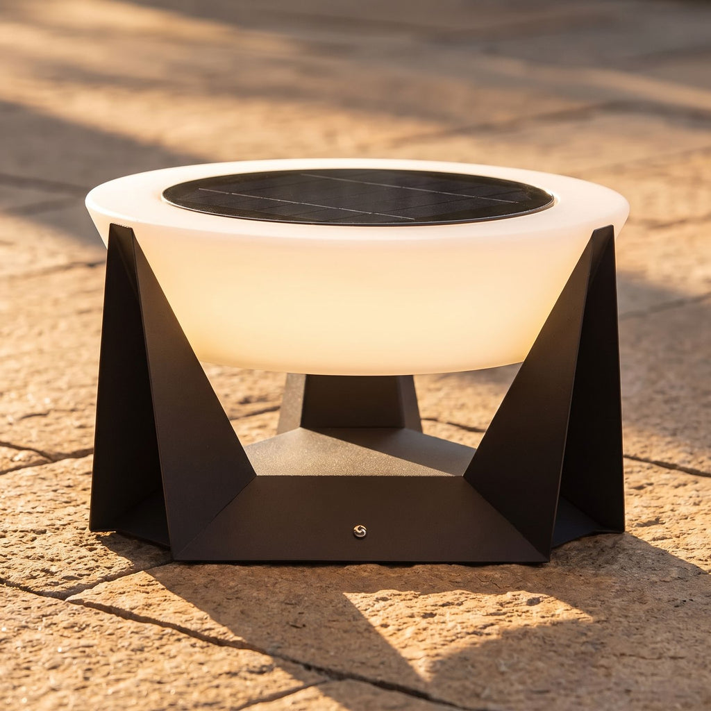 Solar Iron and Acrylic Outdoor Table Lamp, close view on stone pavers