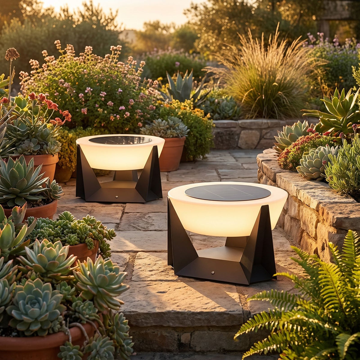 Solar Iron and Acrylic Outdoor Table Lamp in a pair on a garden terrace