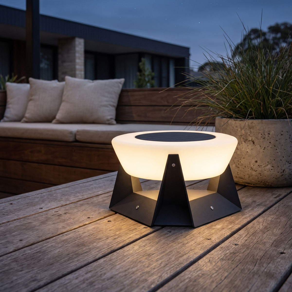 Solar LED Bowl Garden Light on a timber deck at dusk