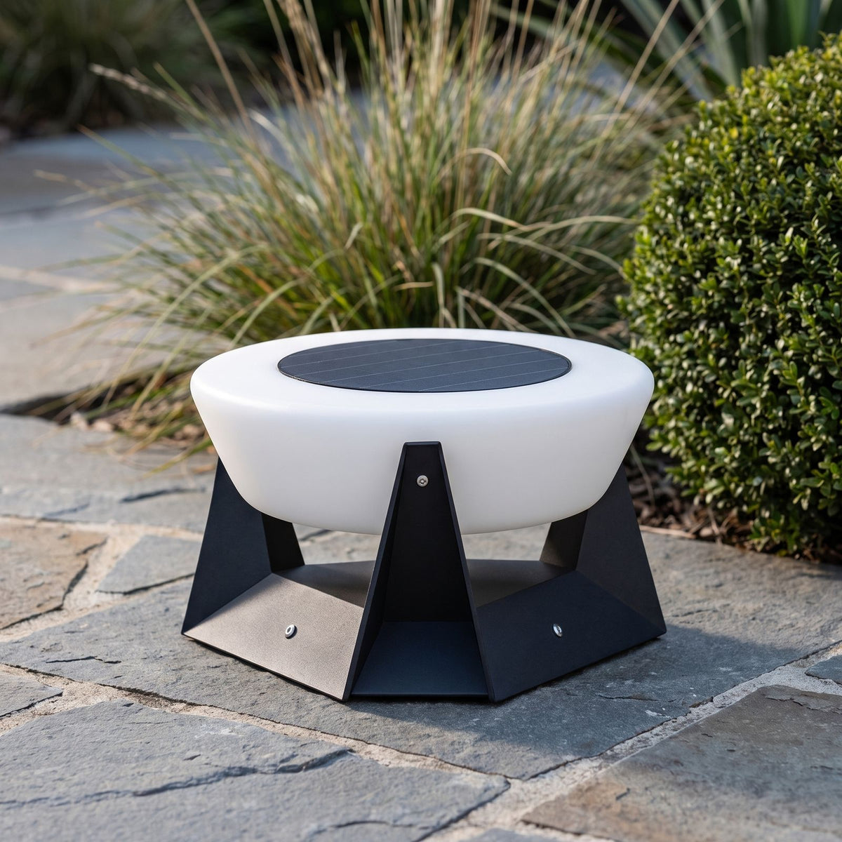 Solar LED Bowl Garden Light on bluestone paving, close view