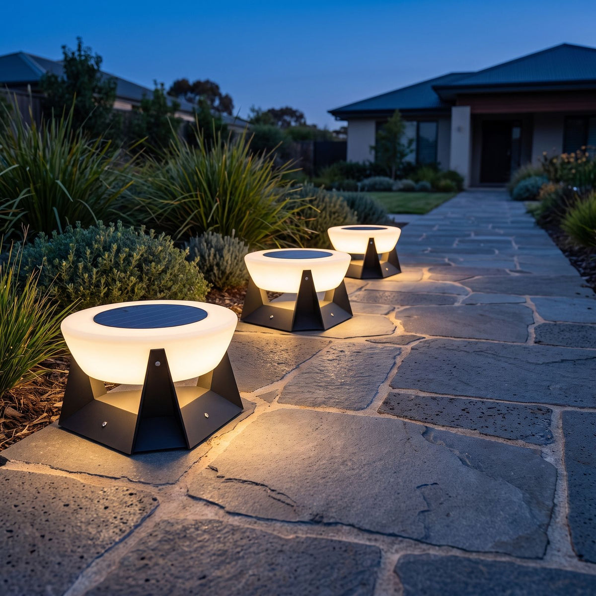 Three Solar LED Bowl Garden Lights along a garden path at blue hour