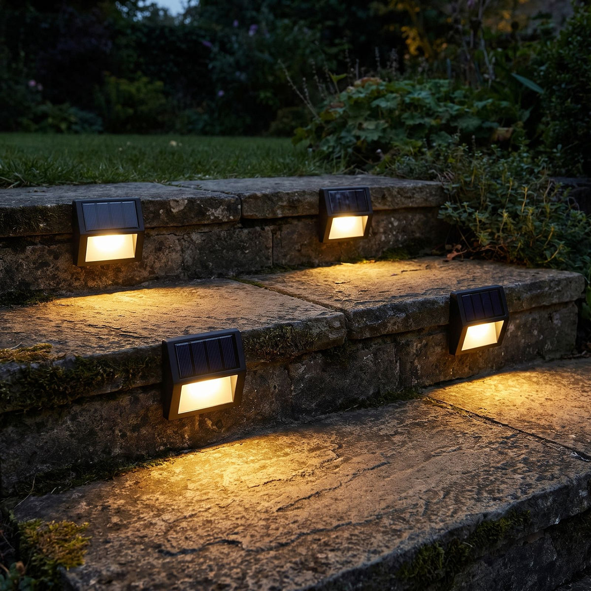 Solar LED Step and Deck Light on a porch wall at dusk