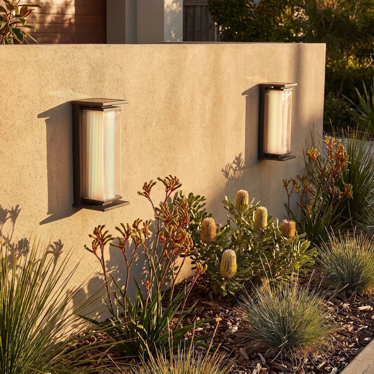 Solar Stainless Steel Box Outdoor Wall Light in a pair on the facade of an Australian home