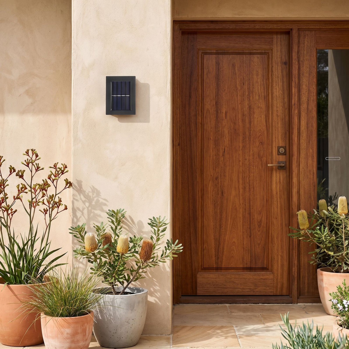 Solar Up Down Outdoor Wall Light beside a timber front door