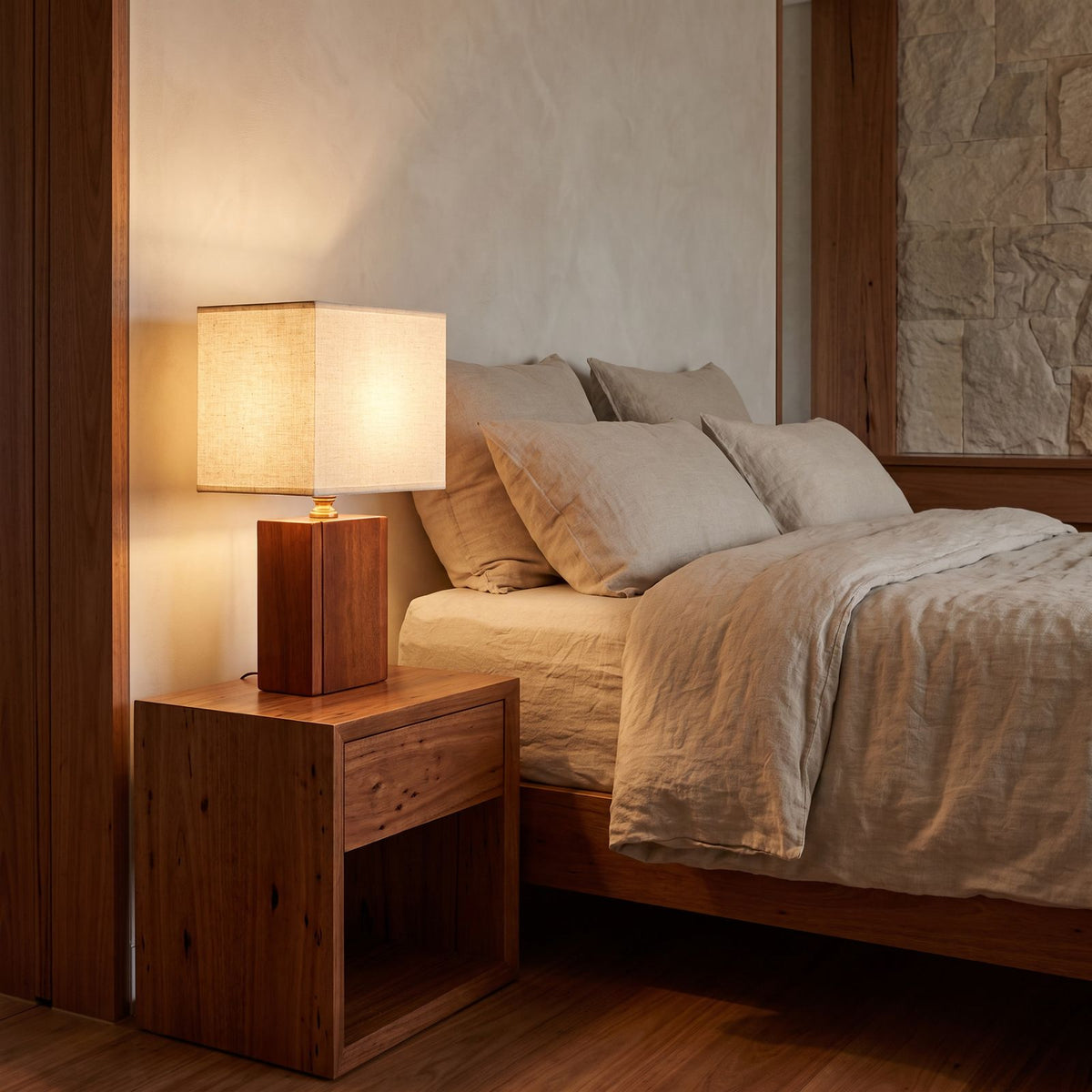 Solid Bamboo Japandi Table Lamp on a bedside table