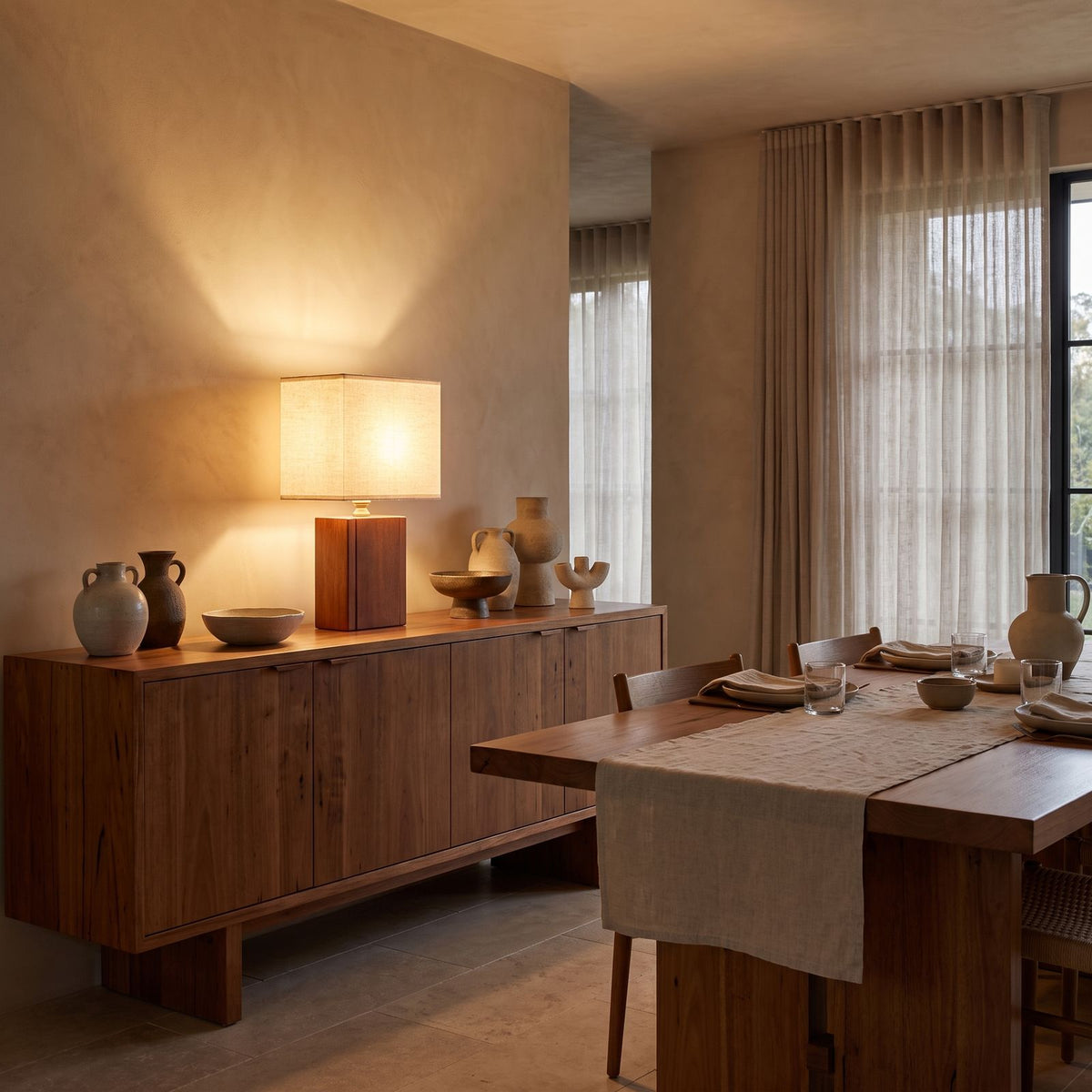 Solid Bamboo Japandi Table Lamp on a timber sideboard in a dining room
