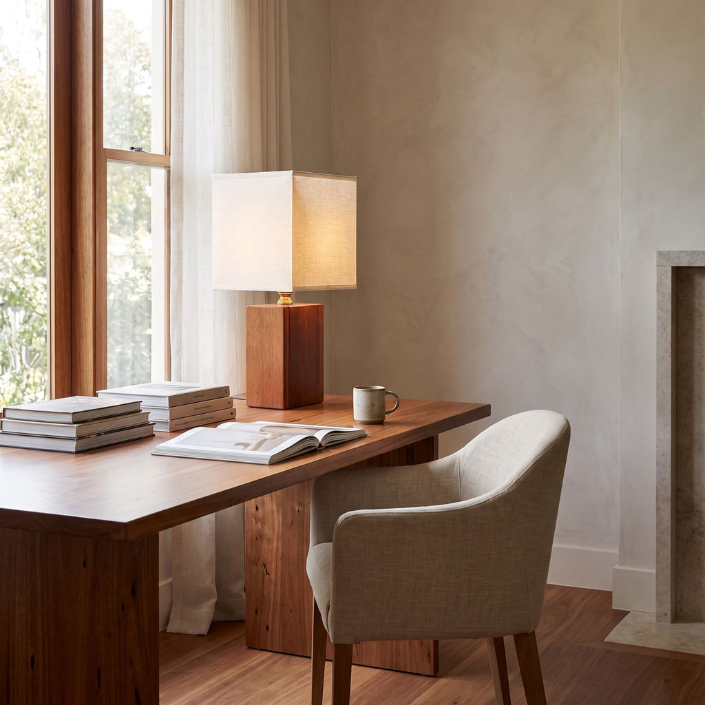 Solid Bamboo Japandi Table Lamp on a study desk